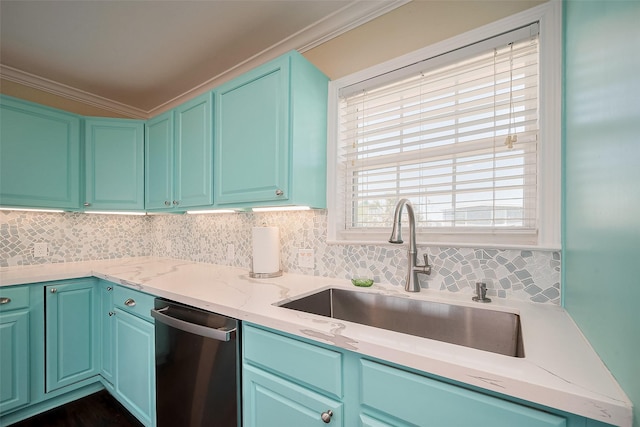 610 Surf Dr, Surfside Beach, TX 77541 - kitchen featuring light stone countertops, stainless steel dishwasher, decorative backsplash, ornamental molding, and a sink