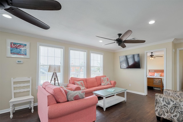 610 Surf Dr, Surfside Beach, TX 77541 - living room featuring ornamental molding, dark wood-style floors, ceiling fan, and baseboards