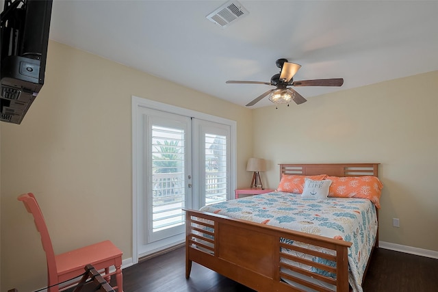 610 Surf Dr, Surfside Beach, TX 77541 - bedroom with visible vents, baseboards, dark wood-style flooring, a ceiling fan, and access to outside