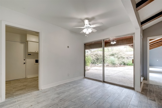 unfurnished room with ceiling fan, light hardwood / wood-style flooring, and lofted ceiling with beams