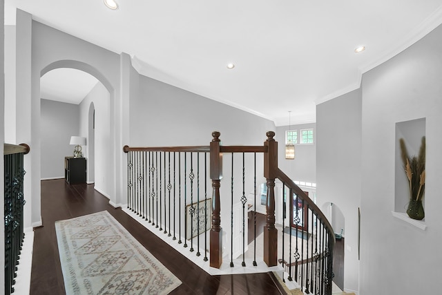 corridor with dark wood-type flooring and crown molding