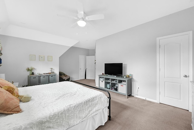 bedroom with ceiling fan and light colored carpet