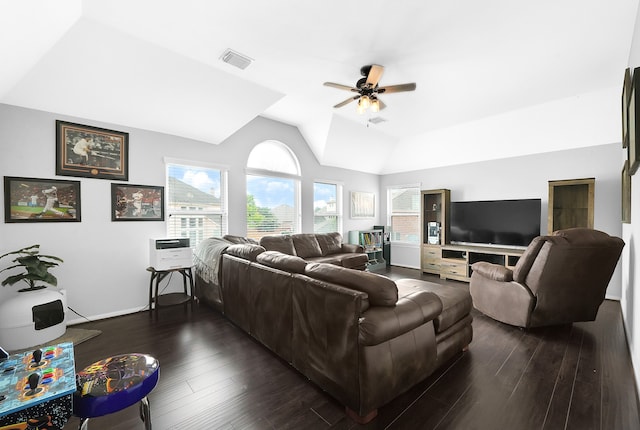 living room with ceiling fan, dark hardwood / wood-style floors, and lofted ceiling