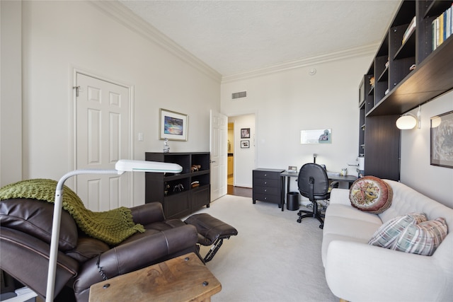 carpeted living room featuring ornamental molding