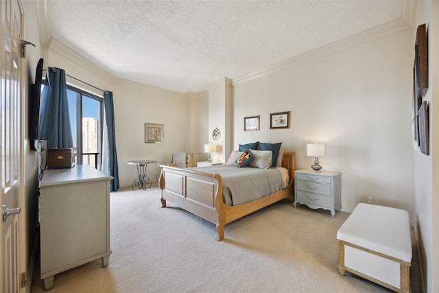 carpeted bedroom with a textured ceiling and ornamental molding