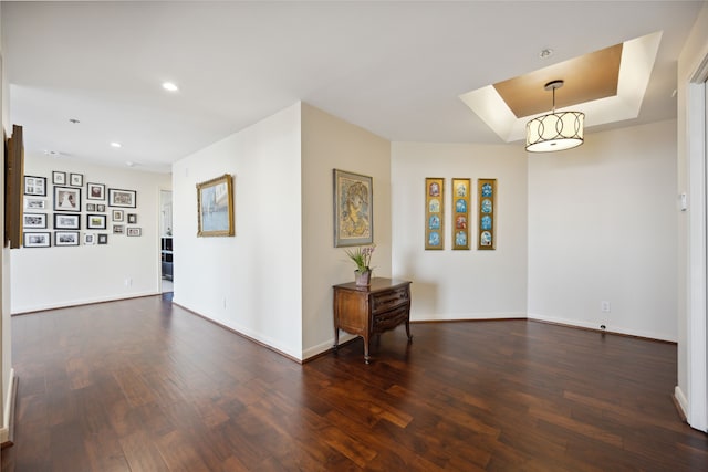 empty room featuring a tray ceiling and hardwood / wood-style flooring