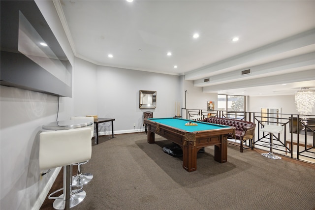 recreation room with carpet, billiards, and ornamental molding