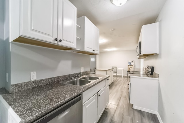 kitchen with light wood-style flooring, a sink, baseboards, white cabinets, and appliances with stainless steel finishes