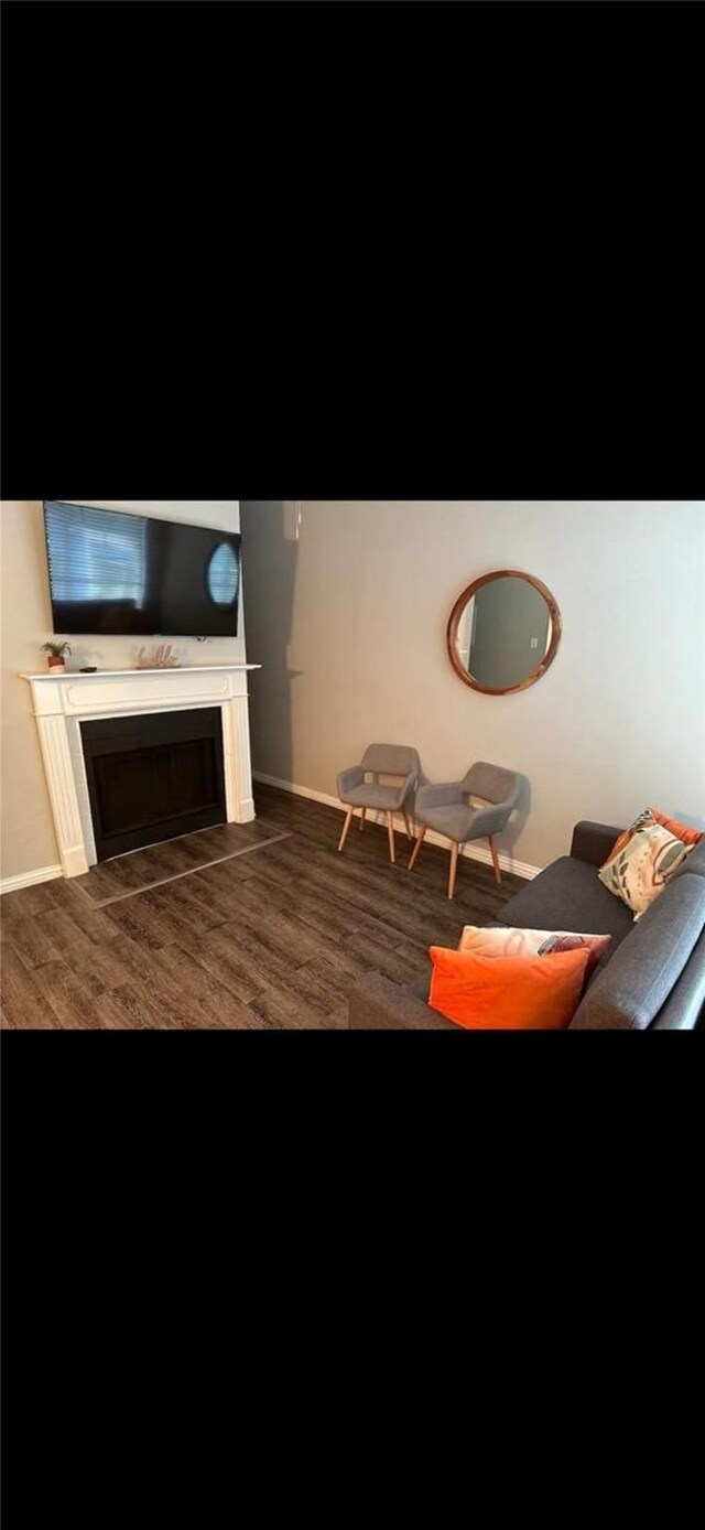 living room with dark hardwood / wood-style flooring