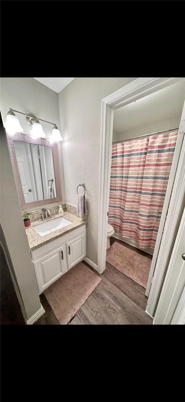 bathroom with wood finished floors, vanity, toilet, and curtained shower