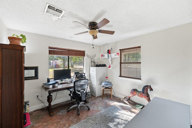 130 Green Acres Loop, Bastrop, TX 78602 - office with baseboards, visible vents, a textured ceiling, and a ceiling fan