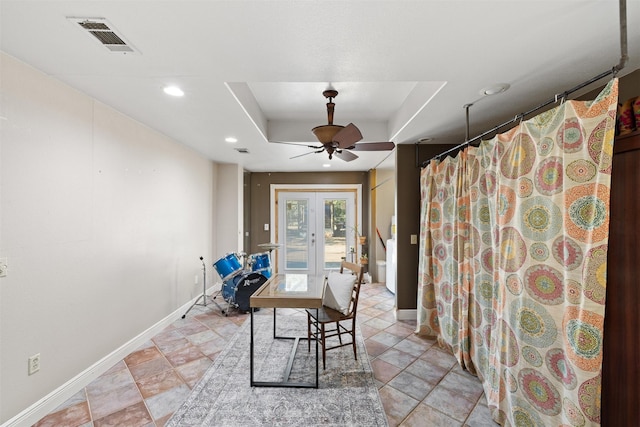 130 Green Acres Loop, Bastrop, TX 78602 - interior space with french doors, baseboards, a raised ceiling, ceiling fan, and visible vents