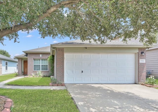 ranch-style house featuring a garage and a front yard