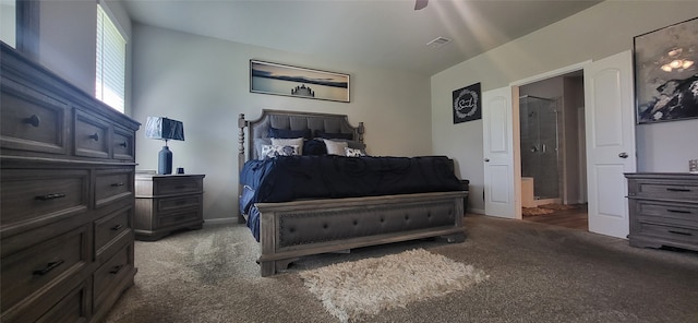 carpeted bedroom with ceiling fan and connected bathroom