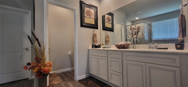 bathroom featuring a shower, vanity, and wood-type flooring