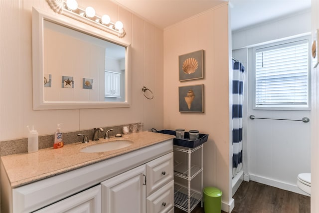 bathroom with toilet, a shower with curtain, wood finished floors, and vanity