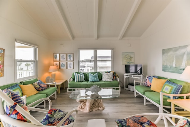 living room with a healthy amount of sunlight, lofted ceiling with beams, and wood finished floors