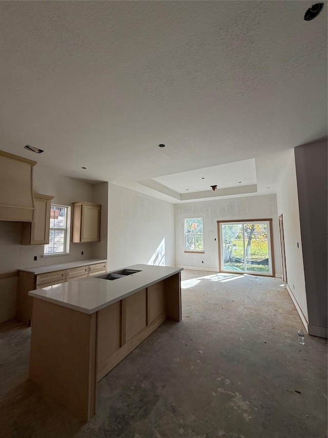 kitchen with a wealth of natural light, a center island, a raised ceiling, and light brown cabinets