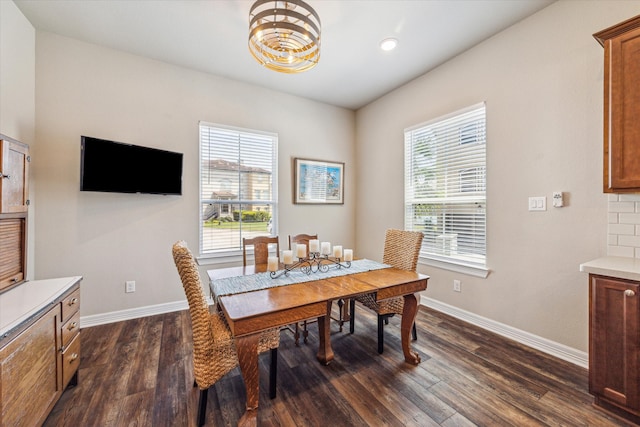 dining space with dark wood-type flooring