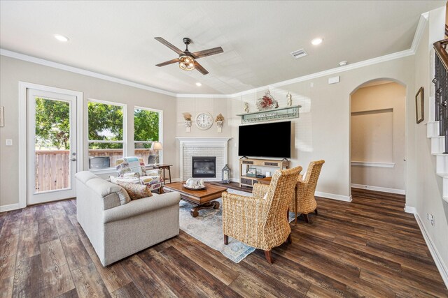 living room with a fireplace, ceiling fan, crown molding, and dark wood-type flooring