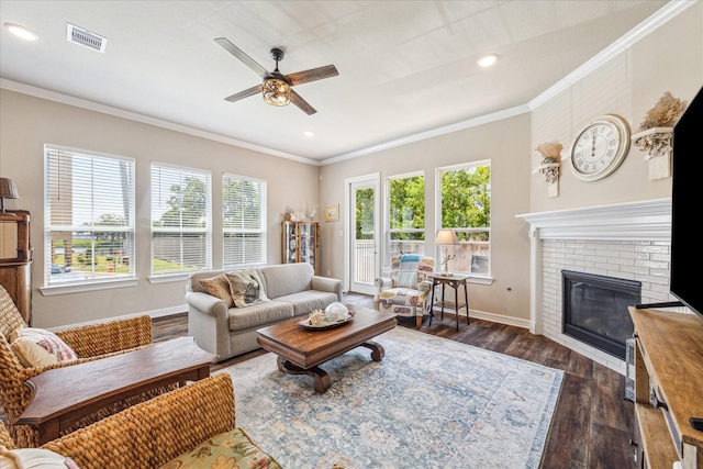 living room with a fireplace, dark hardwood / wood-style flooring, crown molding, and a healthy amount of sunlight