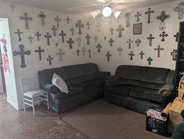 tiled living room with ceiling fan