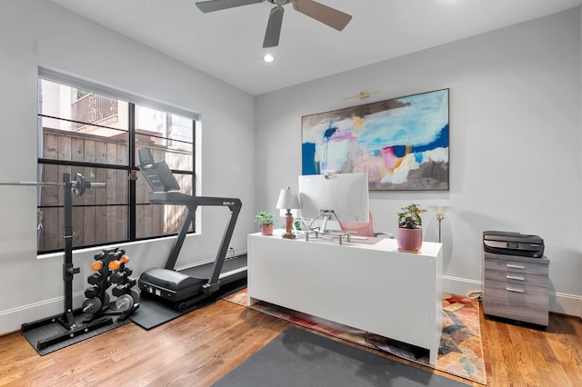 office area with hardwood / wood-style flooring and ceiling fan