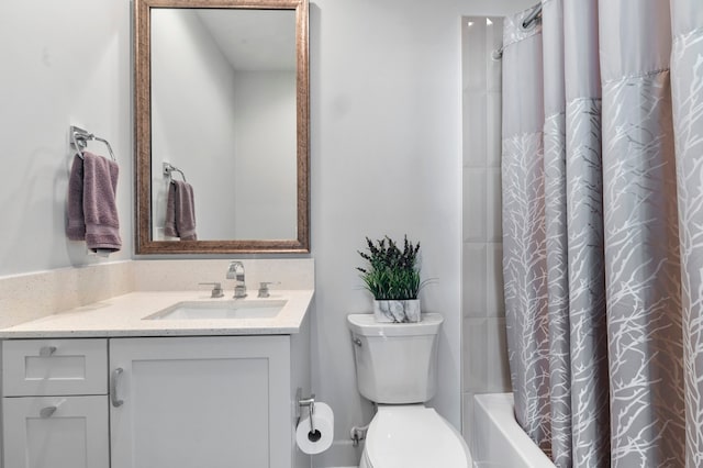 full bathroom with vanity, toilet, and shower / bath combination with curtain