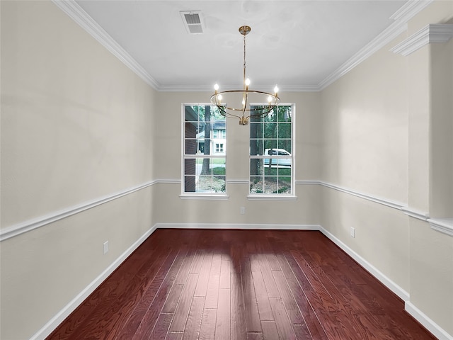 unfurnished dining area with ornamental molding, hardwood / wood-style floors, and an inviting chandelier