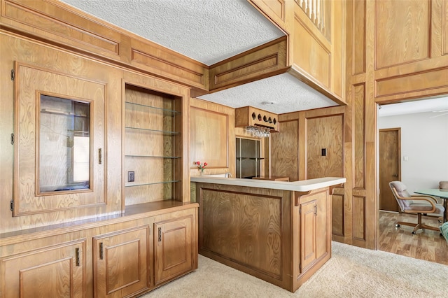 kitchen with light colored carpet, a textured ceiling, and wood walls