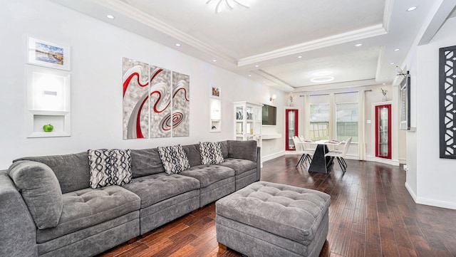 living room with ornamental molding, a raised ceiling, and dark hardwood / wood-style flooring