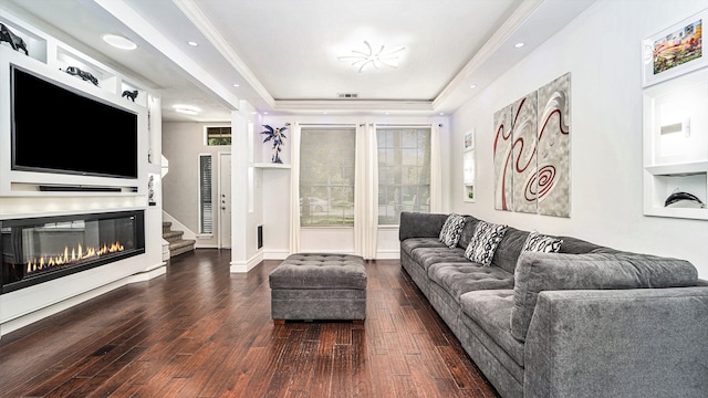 living room with a tray ceiling and dark wood-type flooring