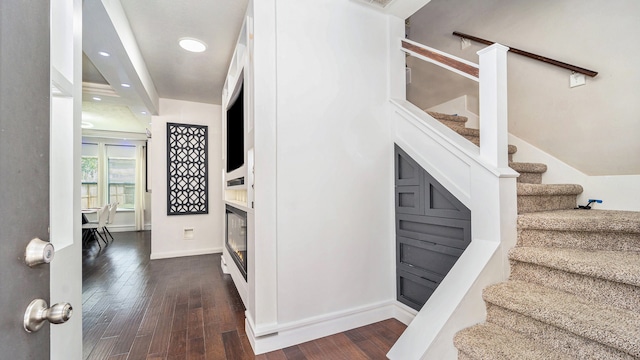 stairway with hardwood / wood-style flooring