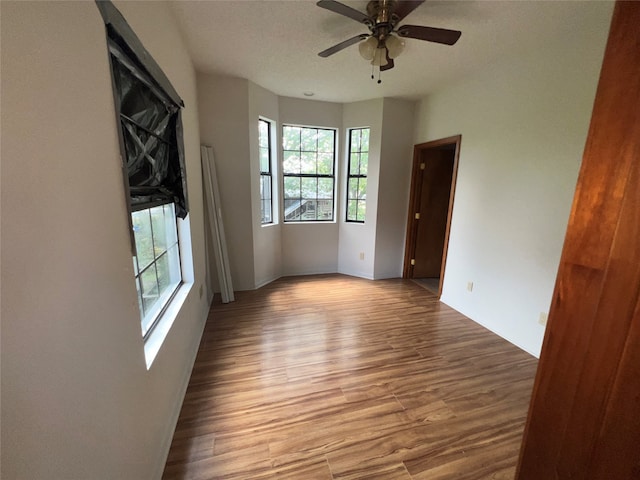 empty room with ceiling fan, wood-type flooring, and a healthy amount of sunlight