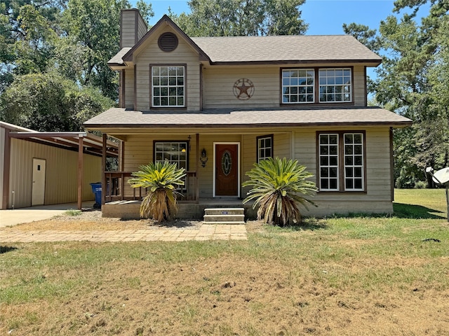 view of front of home with a carport, a porch, and a front yard