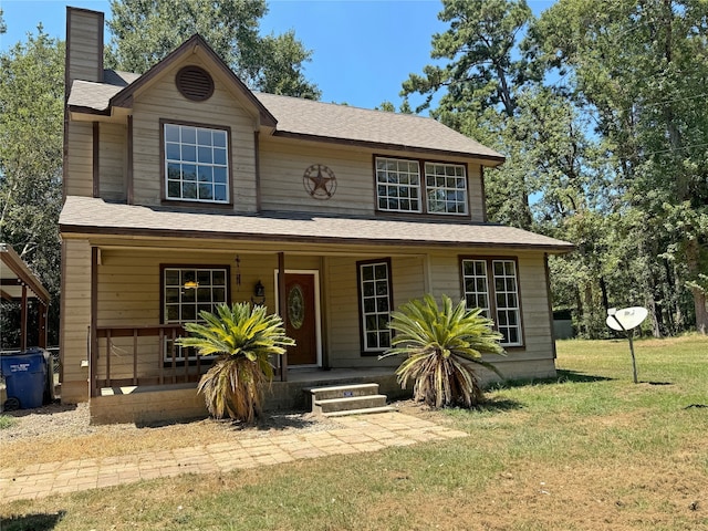 view of front of property with a porch and a front lawn