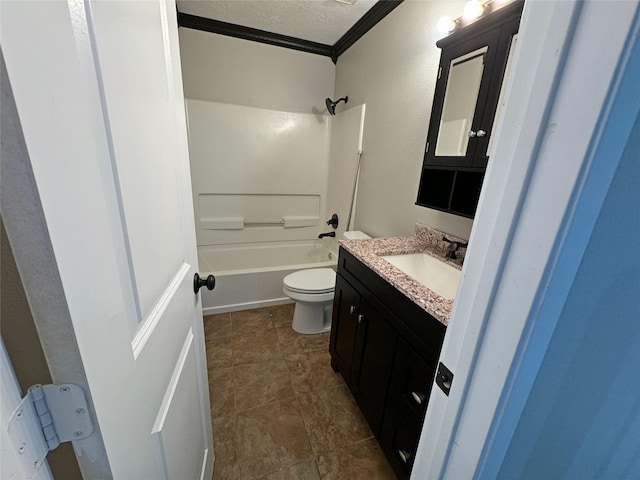 full bathroom featuring vanity, a textured ceiling, toilet, shower / bathing tub combination, and ornamental molding