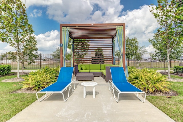 view of patio with a pergola and an outdoor hangout area