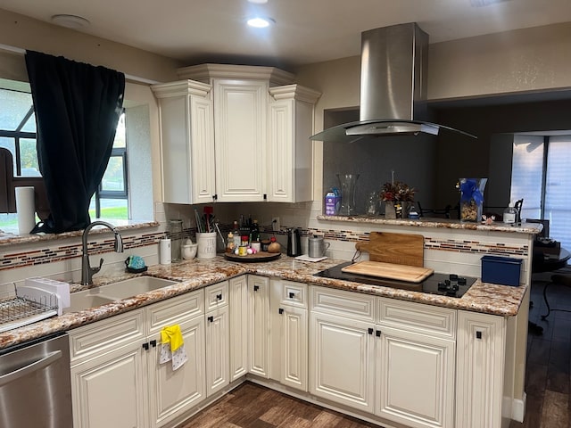 kitchen featuring backsplash, dark wood-type flooring, stainless steel dishwasher, and light stone countertops