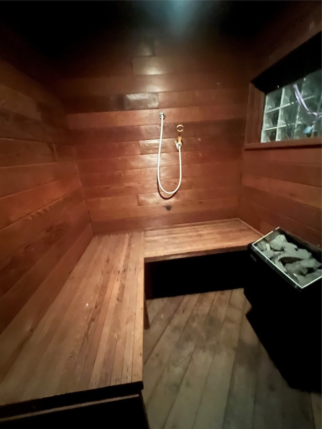 view of sauna with hardwood / wood-style floors