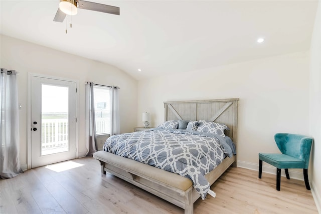 bedroom featuring ceiling fan, lofted ceiling, access to outside, and light hardwood / wood-style flooring