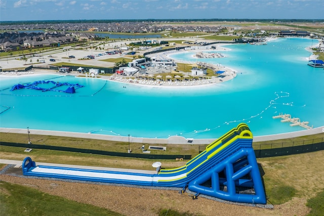 drone / aerial view with a water view