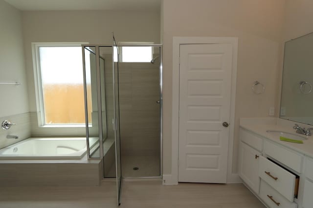 bathroom featuring vanity and independent shower and bath