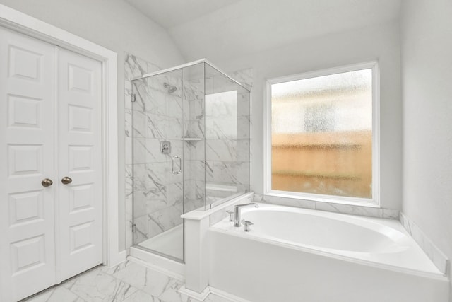 full bathroom with a garden tub, marble finish floor, and a marble finish shower