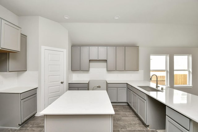 kitchen featuring wood tiled floor, gray cabinetry, and a sink