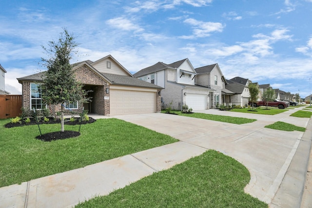 view of front of property featuring driveway, a residential view, brick siding, a front lawn, and a garage