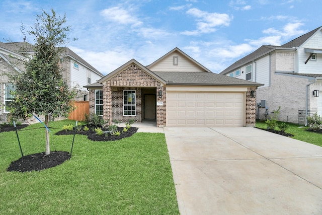 view of front of house with a front lawn, a garage, driveway, brick siding, and fence