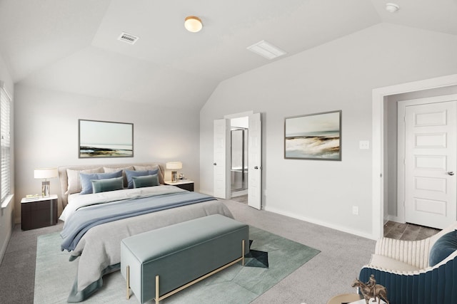 bedroom featuring light colored carpet, vaulted ceiling, multiple windows, baseboards, and visible vents