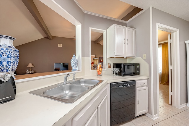 kitchen with white cabinetry, lofted ceiling with beams, sink, black appliances, and light tile patterned floors