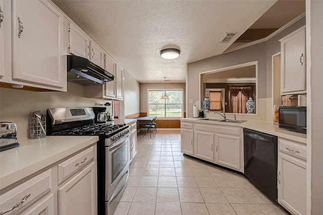 kitchen featuring light tile patterned flooring, sink, a textured ceiling, black appliances, and white cabinets